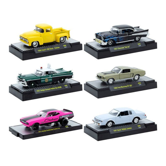"Auto Meets" Set of 6 Cars IN DISPLAY CASES Release 86 Limited Edition 1/64 Diecast Model Cars by M2 Machines-M2-ModelCars.com