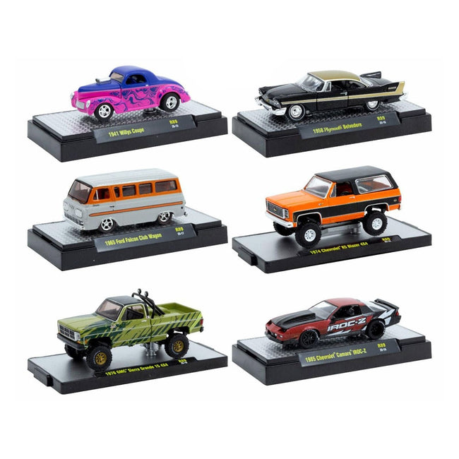 "Auto Meets" Set of 6 Cars IN DISPLAY CASES Release 89 Limited Edition 1/64 Diecast Model Cars by M2 Machines-M2-ModelCars.com