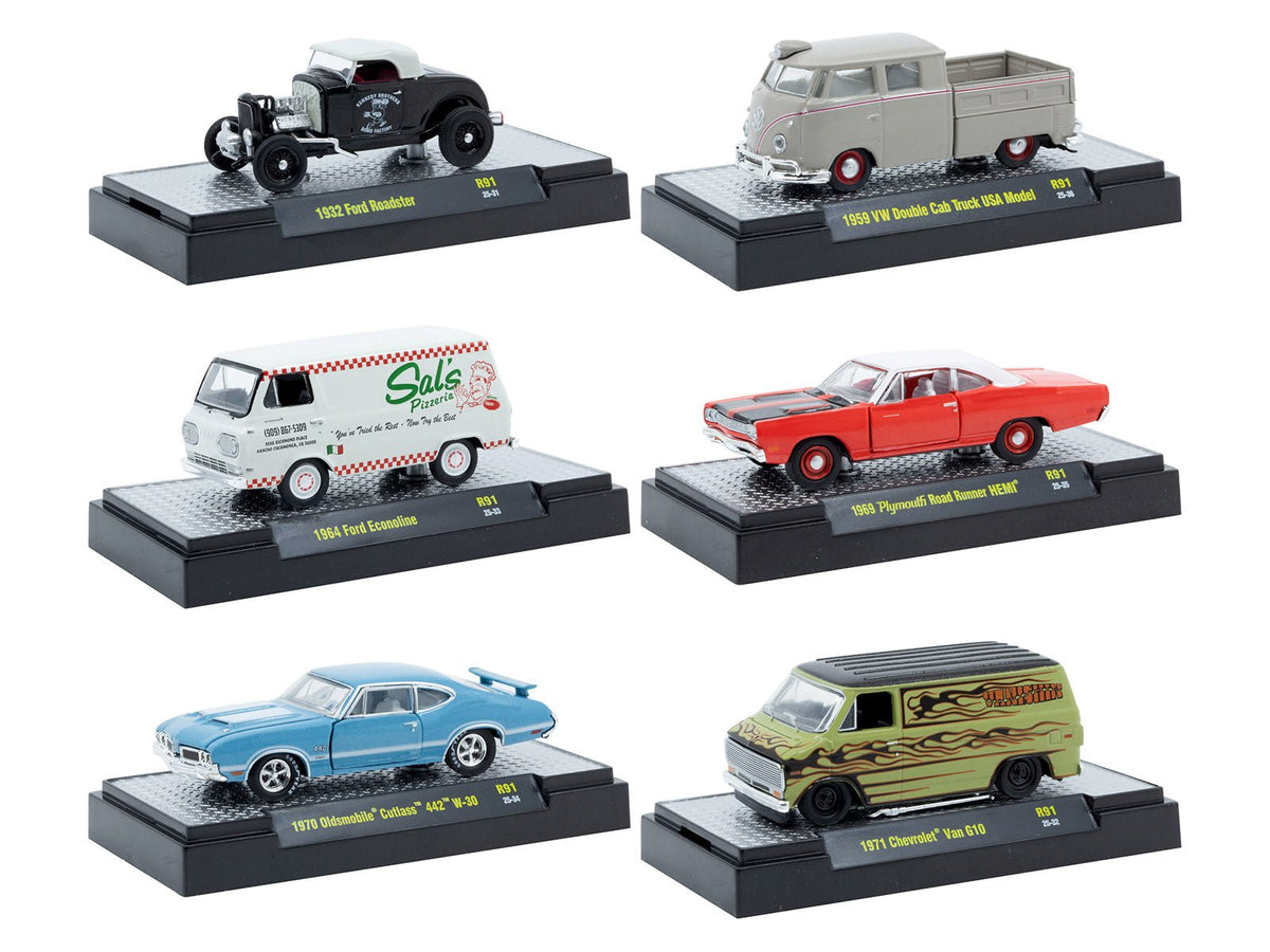 "Auto Meets" Set of 6 Cars IN DISPLAY CASES Release 91 Limited Edition 1/64 Diecast Model Cars by M2 Machines-M2-ModelCars.com
