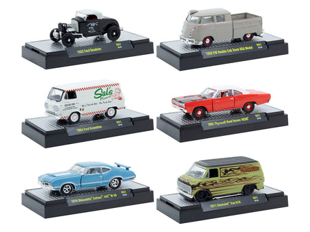 "Auto Meets" Set of 6 Cars IN DISPLAY CASES Release 91 Limited Edition 1/64 Diecast Model Cars by M2 Machines-M2-ModelCars.com