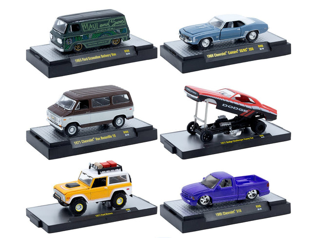 "Auto Meets" Set of 6 Cars IN DISPLAY CASES Release 96 Limited Edition 1/64 Diecast Model Cars by M2 Machines-M2-ModelCars.com