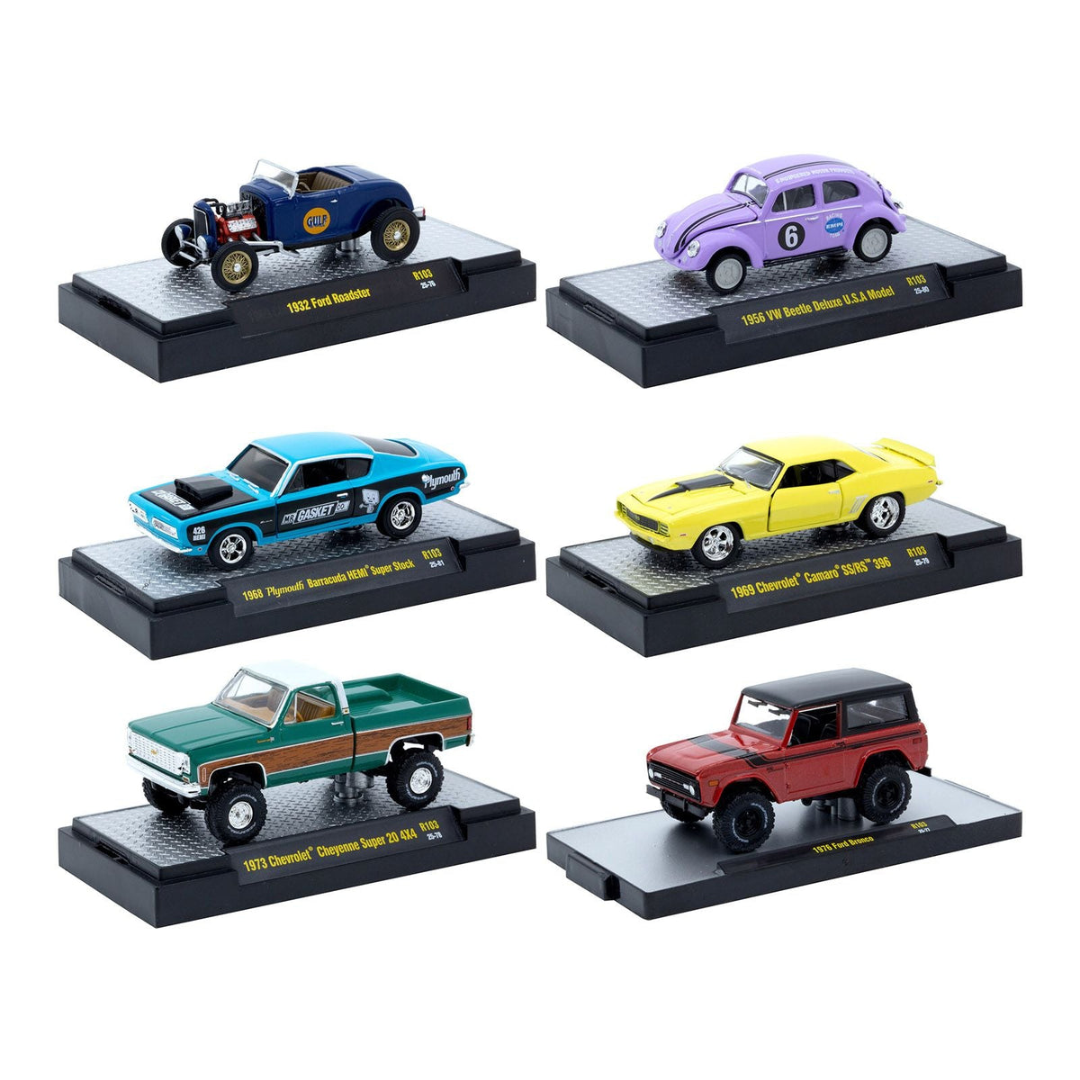 "Auto-Thentics" 6 piece Set Release 103 IN DISPLAY CASES Limited Edition 1/64 Diecast Model Cars by M2 Machines-M2-ModelCars.com