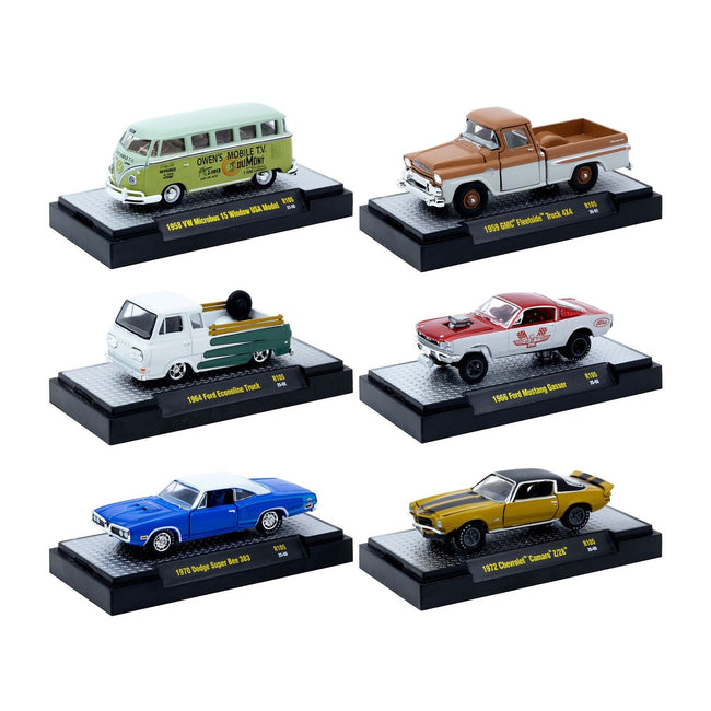 "Auto-Thentics" 6 piece Set Release 105 IN DISPLAY CASES Limited Edition 1/64 Diecast Model Cars by M2 Machines-M2-ModelCars.com