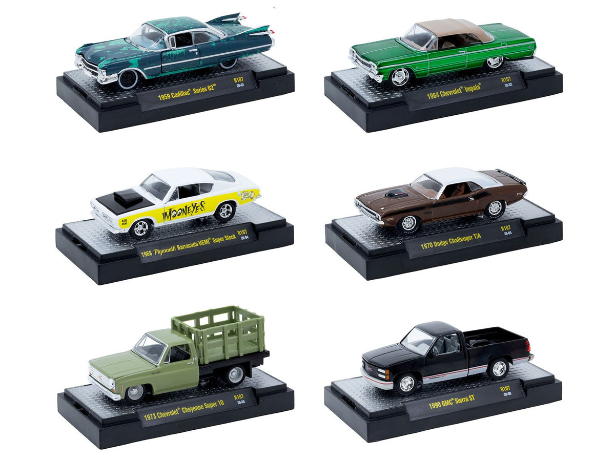 "Auto-Thentics" 6 piece Set Release 107 IN DISPLAY CASES Limited Edition 1/64 Diecast Model Cars by M2 Machines-M2-ModelCars.com