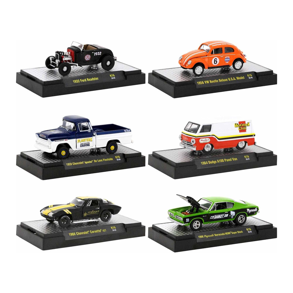 "Auto-Thentics" 6 piece Set Release 76 IN DISPLAY CASES Limited Edition 1/64 Diecast Model Cars by M2 Machines-M2-ModelCars.com
