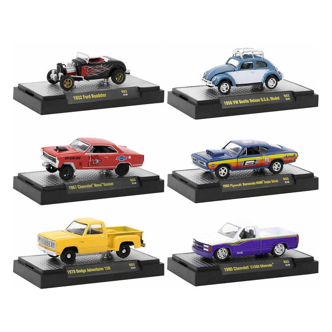 "Auto - Thentics" 6 piece Set Release 83 IN DISPLAY CASES Limited Edition 1/64 Diecast Model Cars by M2 Machines - M2 - ModelCars.com