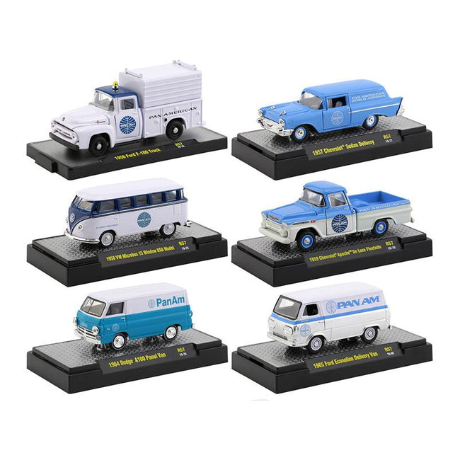 "Auto Trucks" Set of 6 pieces Release 57 "Pan American World Airways" (Pan Am) IN DISPLAY CASES 1/64 Diecast Model Cars by M2 Machines-M2-ModelCars.com