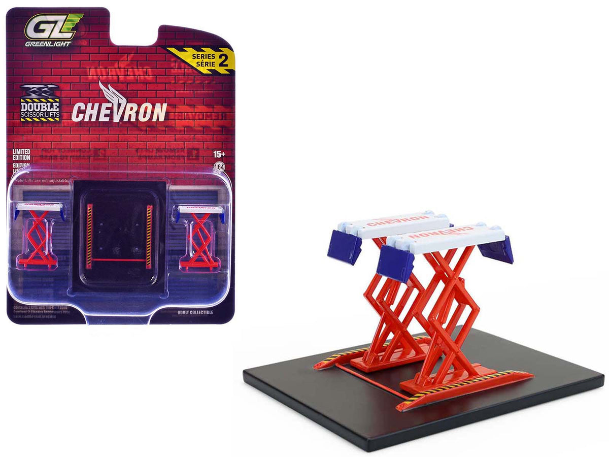 Automotive Double Scissor Lift "Chevron" White and Red "Double Scissor Lifts" Series 2 1/64 Diecast Model by Greenlight-Greenlight-ModelCars.com