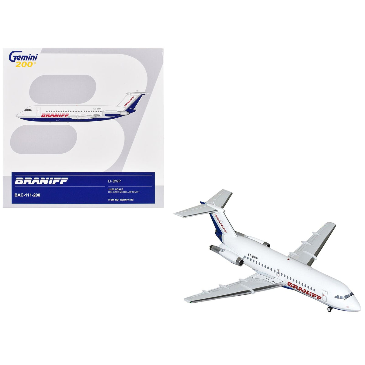 BAC 111-200 Commercial Aircraft "Braniff International Airways" (EI-BWP) White with Blue Tail "Gemini 200" Series 1/200 Diecast Model Airplane by GeminiJets-GeminiJets-ModelCars.com