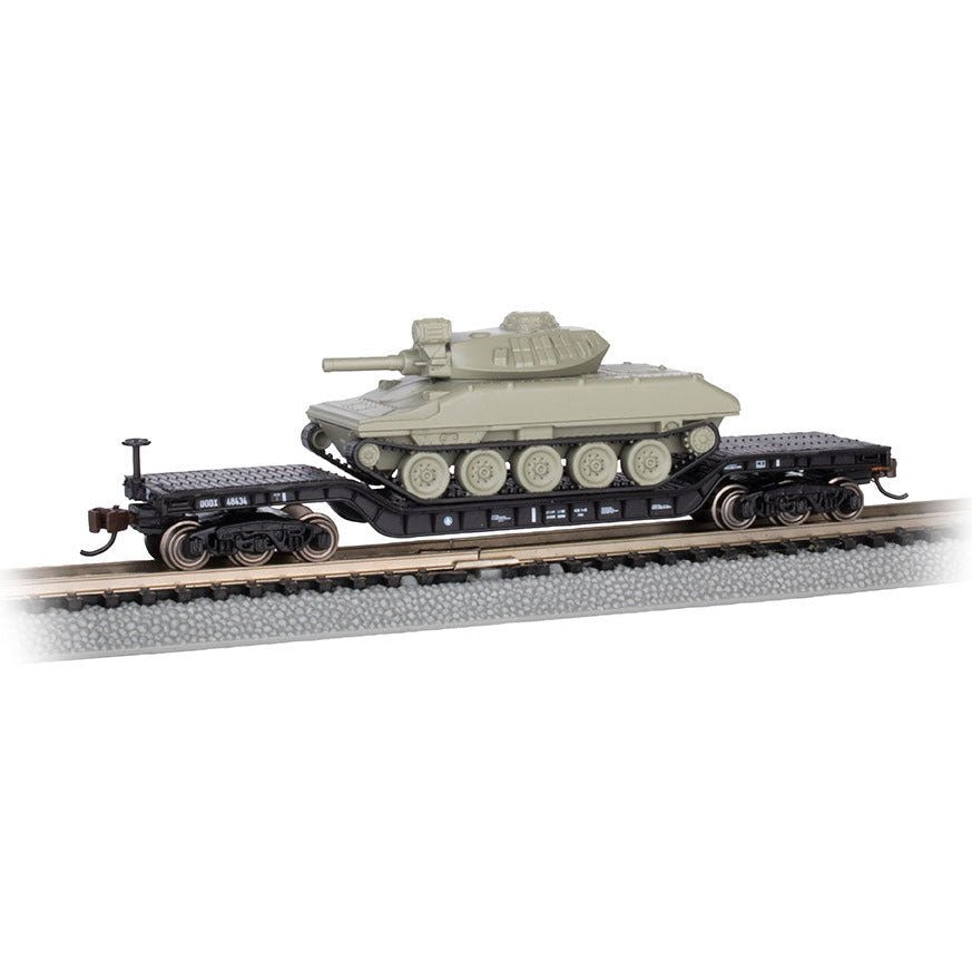 Bachmann 52' Center - Depressed Flat Car - Black with Green Sheridan Tank - Bachmann - ModelCars.com