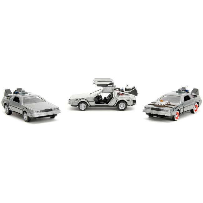 "Back to the Future" Delorean Set of 3 pieces "Hollywood Rides" Series 1/32 Diecast Model Car by Jada-Jada-ModelCars.com