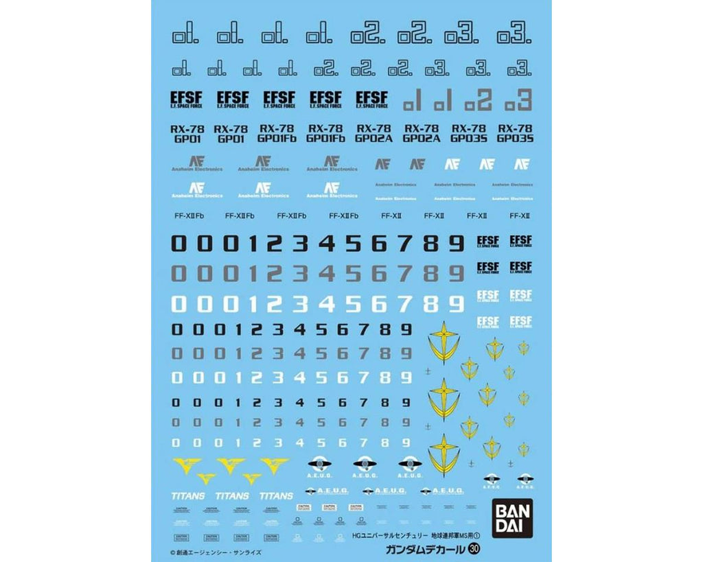 Bandai GD-30 HGUC Multiuse - Earth Federation Mobile Suits #1 "Mobile Suit Gundam" Waterslide Decals    