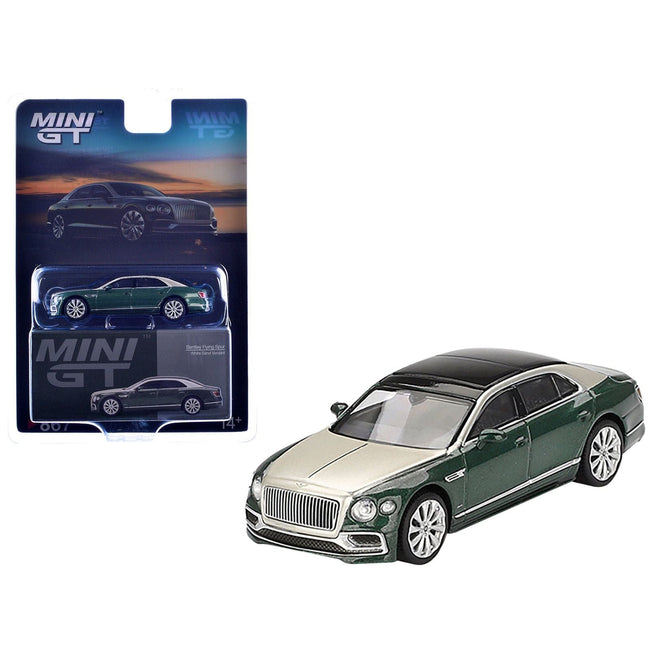 Bentley Flying Spur White Sand and Verdant Green Metallic with Black Top Limited Edition 1/64 Diecast Model Car by Mini GT-Mini GT-ModelCars.com