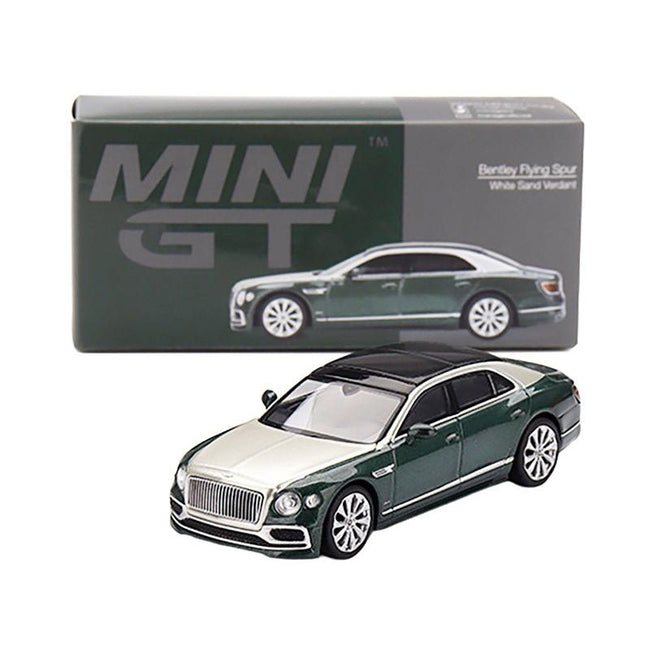 Bentley Flying Spur White Sand and Verdant Green Metallic with Black Top Limited Edition 1/64 Diecast Model Car by Mini GT-Mini GT-ModelCars.com