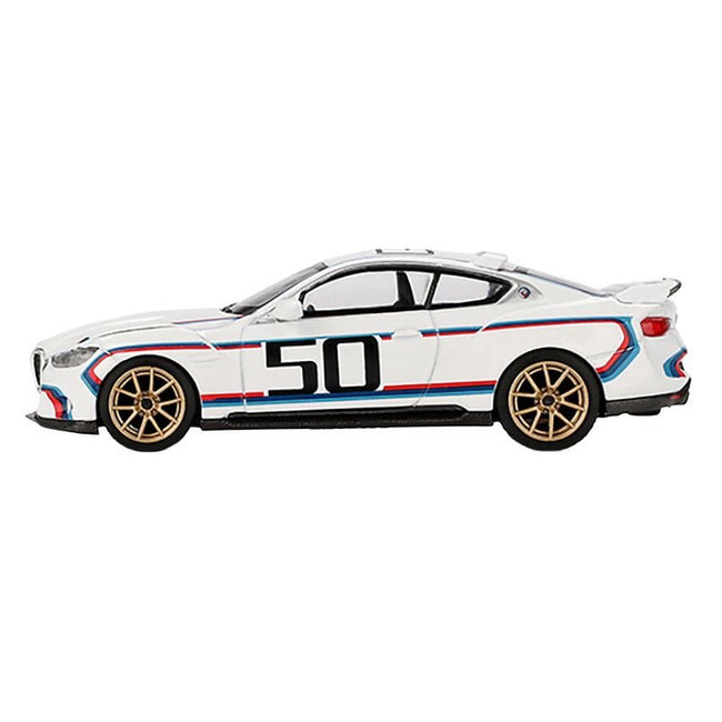 BMW 3.0 CSL #50 White with Blue and Red Stripes and Gold Wheels Limited Edition 1/64 Diecast Model Car by Mini GT-Mini GT-ModelCars.com