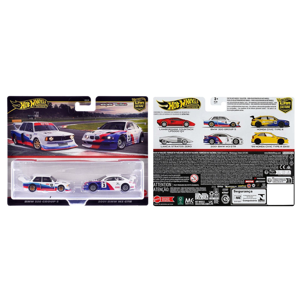 BMW 320 Group 5 #12 White with Stripes and 2001 BMW M3 GTR #3 White with Stripes "Car Culture" Set of 2 Cars Diecast Model Cars by Hot Wheels-Hotwheels-ModelCars.com
