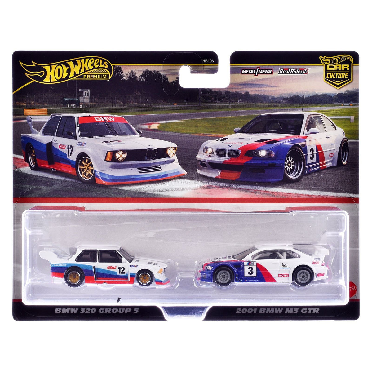 BMW 320 Group 5 #12 White with Stripes and 2001 BMW M3 GTR #3 White with Stripes "Car Culture" Set of 2 Cars Diecast Model Cars by Hot Wheels-Hotwheels-ModelCars.com
