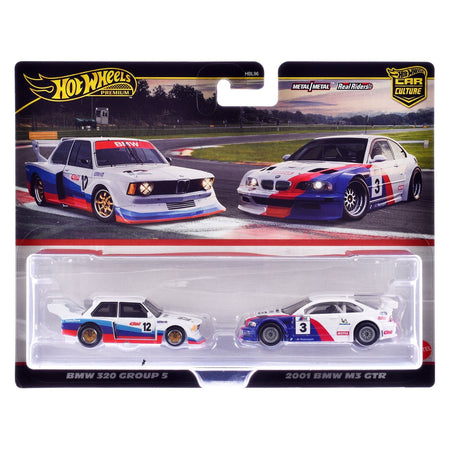 BMW 320 Group 5 #12 White with Stripes and 2001 BMW M3 GTR #3 White with Stripes "Car Culture" Set of 2 Cars Diecast Model Cars by Hot Wheels-Hotwheels-ModelCars.com
