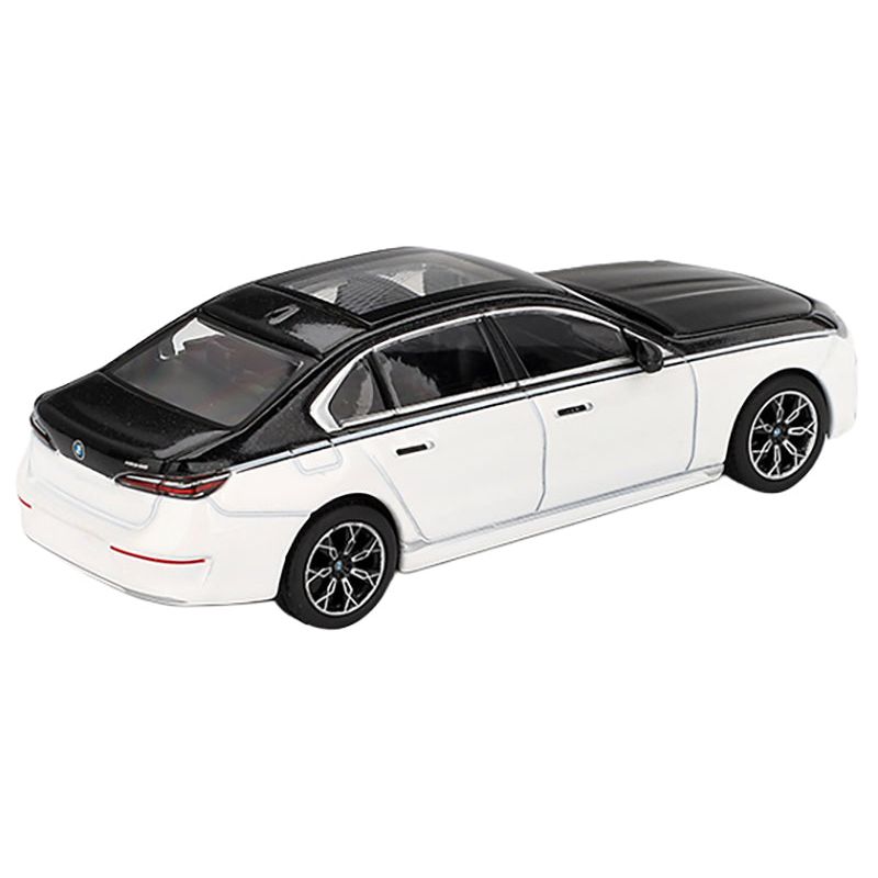 BMW i7 xDrive60 Dravit Alpine White and Black Sapphire Limited Edition 1/64 Diecast Model Car by Mini GT-Mini GT-ModelCars.com