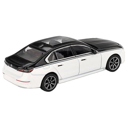 BMW i7 xDrive60 Dravit Alpine White and Black Sapphire Limited Edition 1/64 Diecast Model Car by Mini GT-Mini GT-ModelCars.com