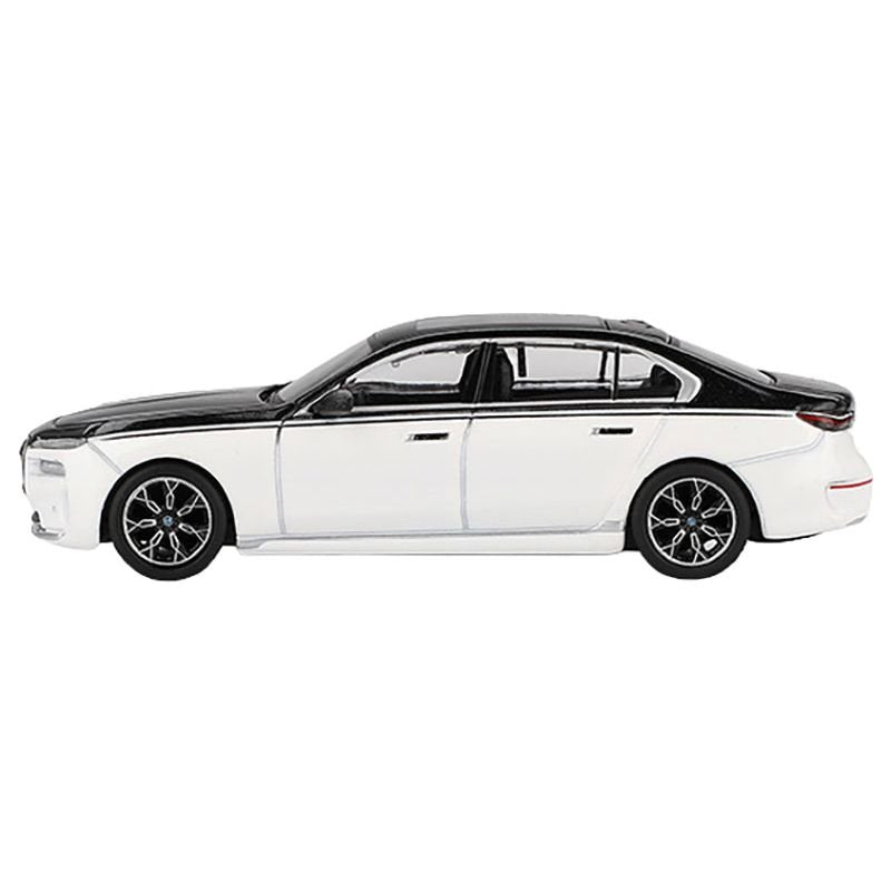 BMW i7 xDrive60 Dravit Alpine White and Black Sapphire Limited Edition 1/64 Diecast Model Car by Mini GT-Mini GT-ModelCars.com
