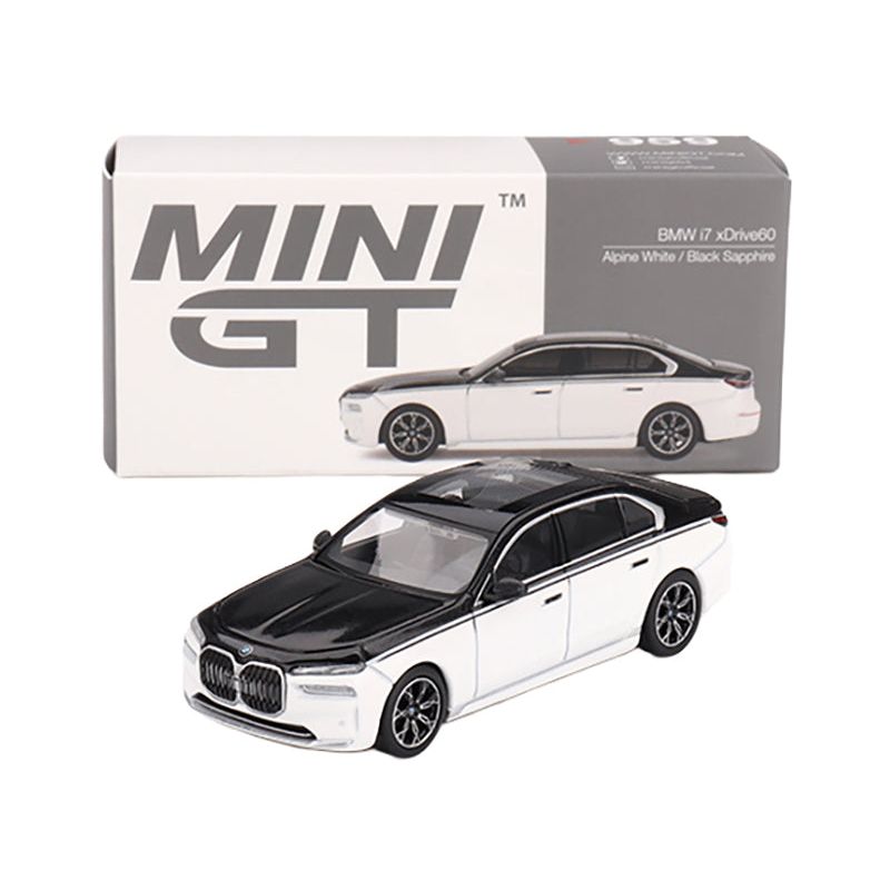 BMW i7 xDrive60 Dravit Alpine White and Black Sapphire Limited Edition 1/64 Diecast Model Car by Mini GT-Mini GT-ModelCars.com