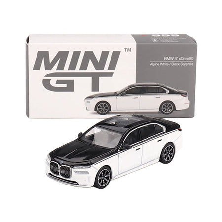 BMW i7 xDrive60 Dravit Alpine White and Black Sapphire Limited Edition 1/64 Diecast Model Car by Mini GT-Mini GT-ModelCars.com