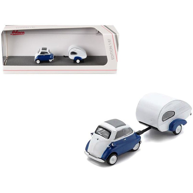 BMW Isetta Blue and White with Home Trailer 1/87 (HO) Diecast Model Car by Schuco-Schuco-ModelCars.com