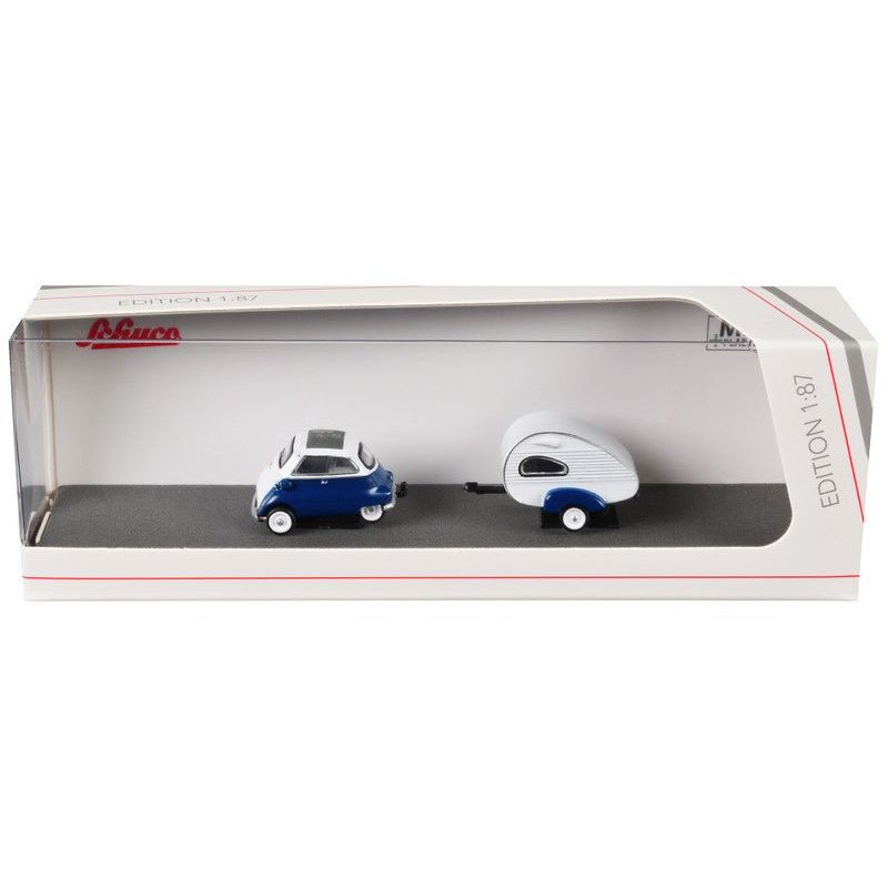 BMW Isetta Blue and White with Home Trailer 1/87 (HO) Diecast Model Car by Schuco-Schuco-ModelCars.com