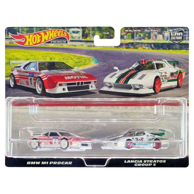 BMW M1 Procar 8 White with Red Stripes and Lancia Stratos Group 5 829 White with Stripes "Car Culture" Set of 2 Cars Diecast Model Cars by Hot Wheels-Hotwheels-ModelCars.com