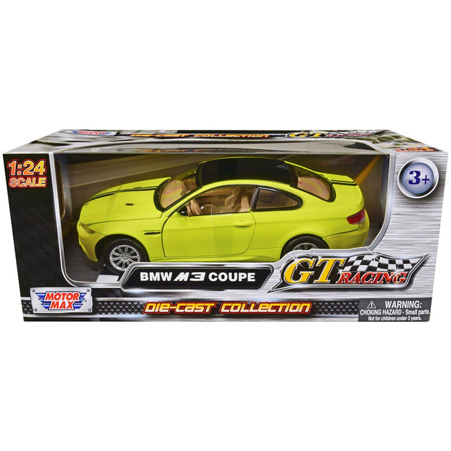BMW M3 Coupe Neon Yellow with Matt Black Top and Stripes "GT Racing" Series 1/24 Diecast Model Car by Motormax - Motormax - ModelCars.com