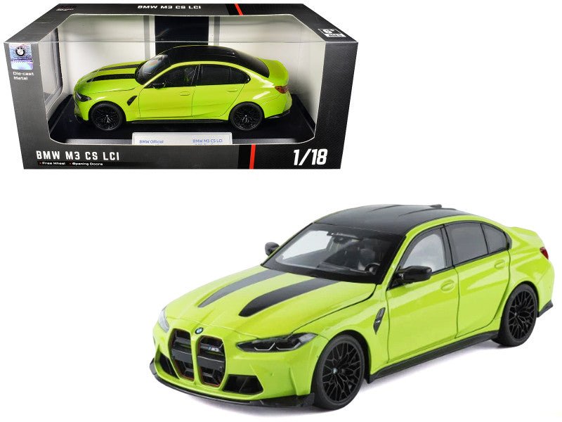 BMW M3 CS LCI Lime Green Metallic with Matt Black Top and Hood Stripes 1/18 Diecast Model Car by Heimanba-Heimanba-ModelCars.com