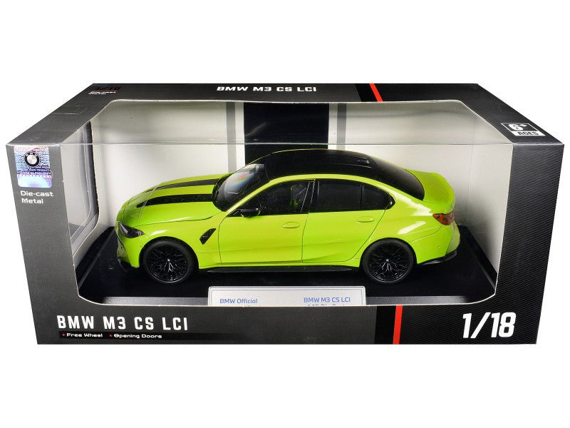 BMW M3 CS LCI Lime Green Metallic with Matt Black Top and Hood Stripes 1/18 Diecast Model Car by Heimanba-Heimanba-ModelCars.com