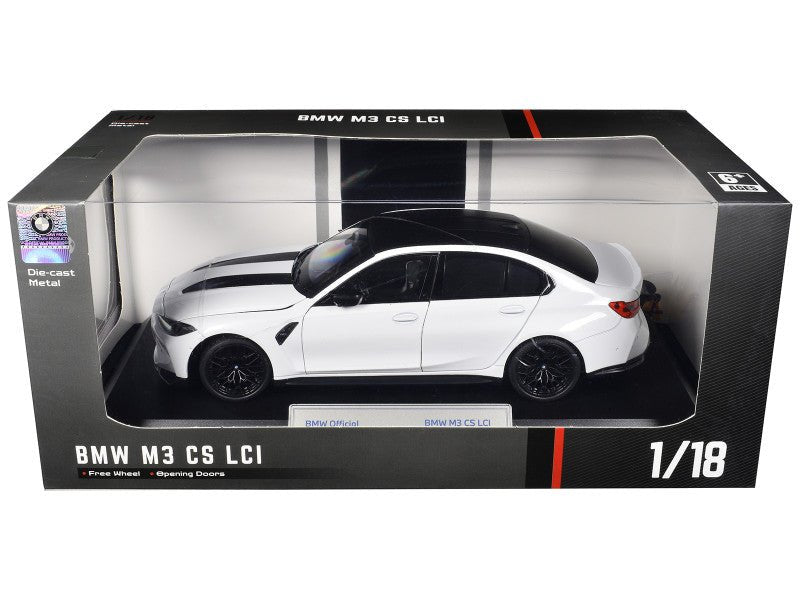 BMW M3 CS LCI White Metallic with Matt Black Top and Hood Stripes 1/18 Diecast Model Car by Heimanba-Heimanba-ModelCars.com