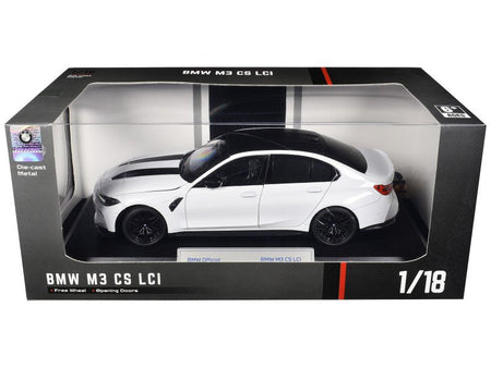 BMW M3 CS LCI White Metallic with Matt Black Top and Hood Stripes 1/18 Diecast Model Car by Heimanba-Heimanba-ModelCars.com