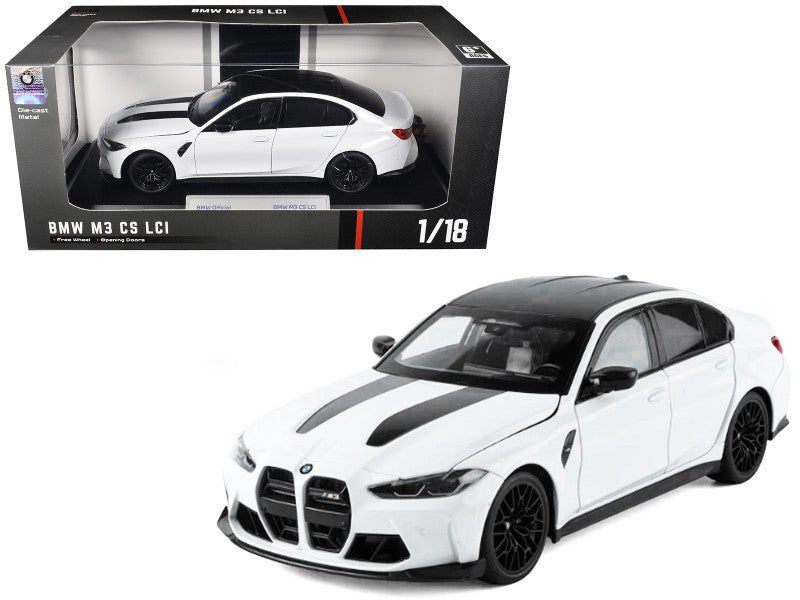 BMW M3 CS LCI White Metallic with Matt Black Top and Hood Stripes 1/18 Diecast Model Car by Heimanba-Heimanba-ModelCars.com