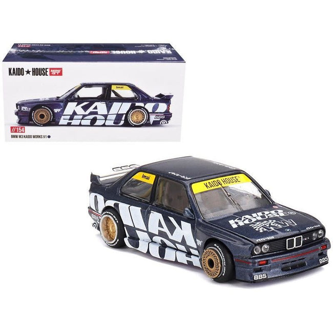 BMW M3 (E30) "Kaido Works V1" Dark Blue Metallic with Graphics (Designed by Jun Imai) "Kaido House" Special 1/64 Diecast Model Car by Mini GT-Mini GT-ModelCars.com