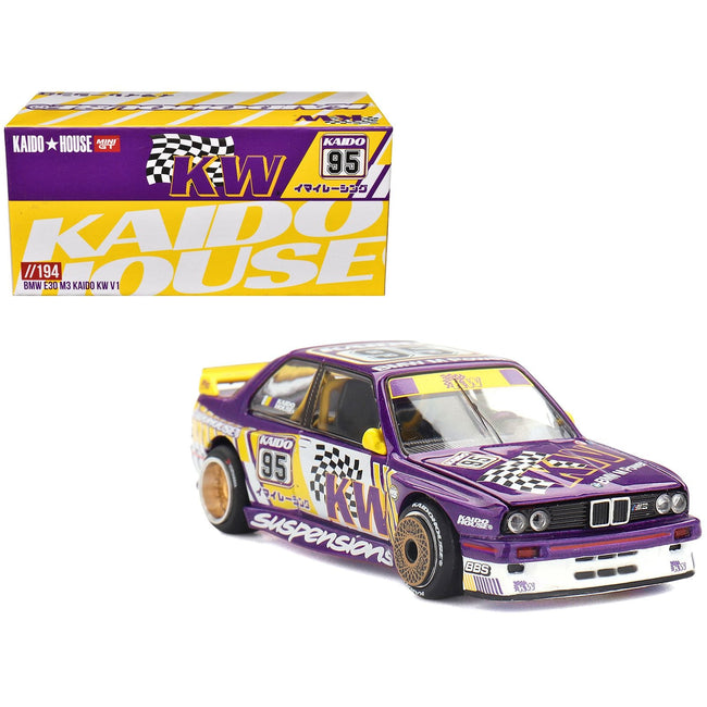 BMW M3 "Kaido KW V1" #95 Purple and Yellow with Graphics (Designed by Jun Imai) "Kaido House" Special 1/64 Diecast Model Car by Mini GT-Mini GT-ModelCars.com
