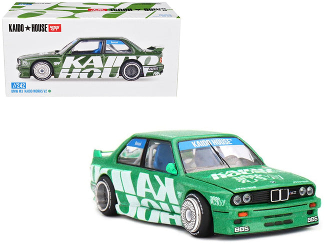 BMW M3 "Kaido Works V2" Green Metallic with Graphics (Designed by Jun Imai) "Kaido House" Special 1/64 Diecast Model Car by Mini GT-Mini GT-ModelCars.com