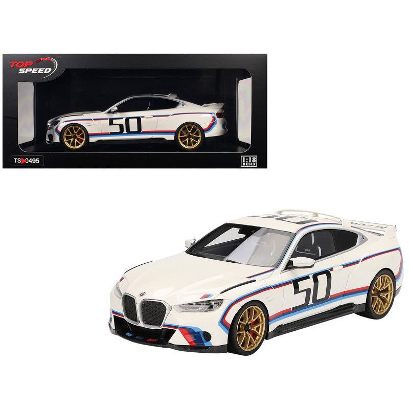 BMW M4 3.0 CSL 50 White with Blue and Red Stripes 1/18 Model Car by Top Speed - Top Speed - ModelCars.com
