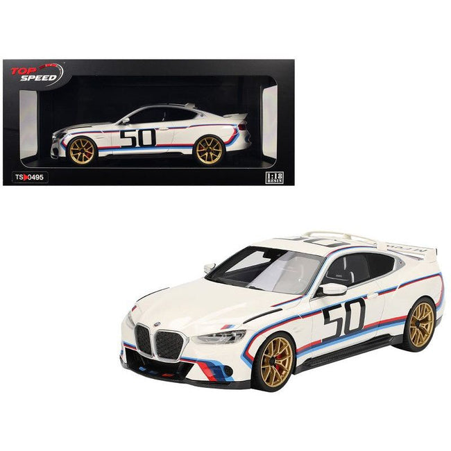 BMW M4 3.0 CSL 50 White with Blue and Red Stripes 1/18 Model Car by Top Speed - Top Speed - ModelCars.com