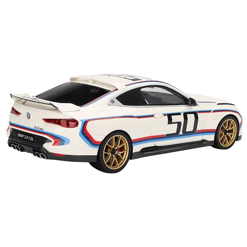 BMW M4 3.0 CSL 50 White with Blue and Red Stripes 1/18 Model Car by Top Speed - Top Speed - ModelCars.com