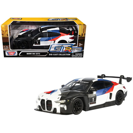 BMW M4 GT3 #1 White with Black Blue and Red Graphics "GT Racing" Series 1/24 Diecast Model Car by Motormax-Motormax-ModelCars.com