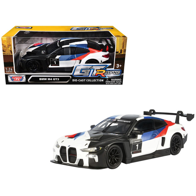 BMW M4 GT3 #1 White with Black Blue and Red Graphics "GT Racing" Series 1/24 Diecast Model Car by Motormax-Motormax-ModelCars.com