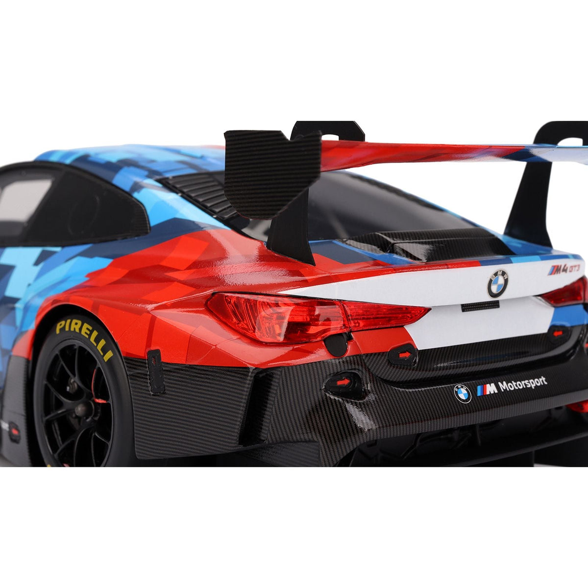 BMW M4 GT3 EVO Presentation #1 White with Carbon Blue and Red Graphics 1/18 Model Car by Top Speed-Top Speed-ModelCars.com