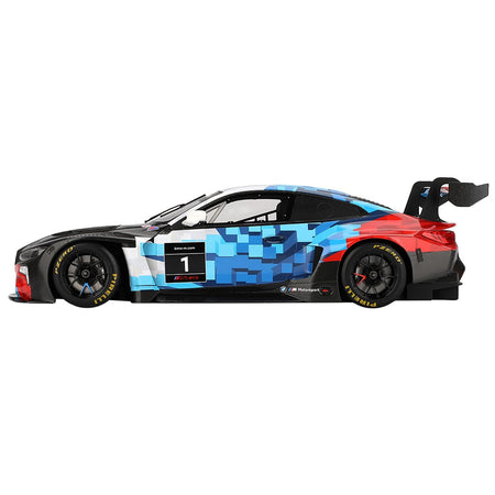 BMW M4 GT3 EVO Presentation #1 White with Carbon Blue and Red Graphics 1/18 Model Car by Top Speed-Top Speed-ModelCars.com