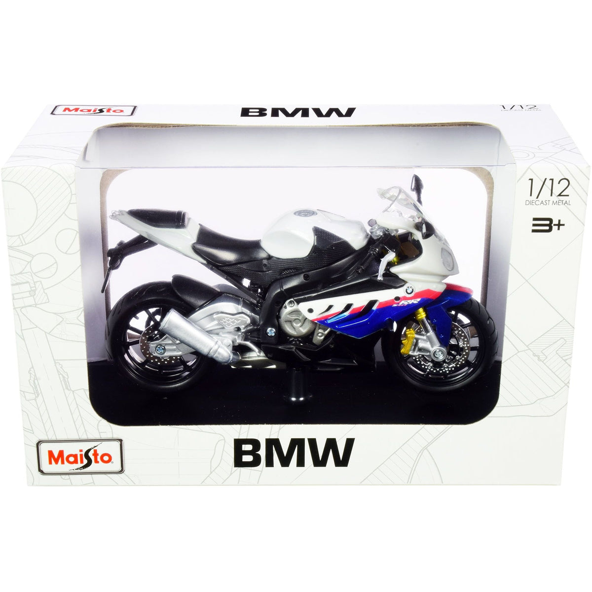 BMW S 1000 RR White with Blue and Red Stripes with Plastic Display Stand 1/12 Diecast Motorcycle Model by Maisto-Maisto-ModelCars.com
