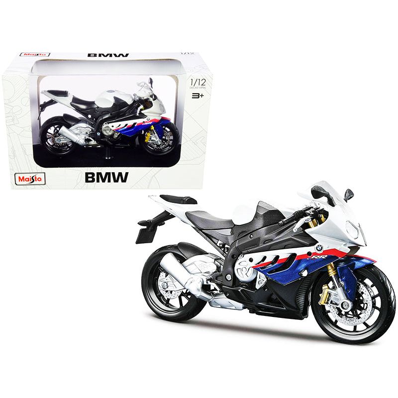BMW S 1000 RR White with Blue and Red Stripes with Plastic Display Stand 1/12 Diecast Motorcycle Model by Maisto-Maisto-ModelCars.com
