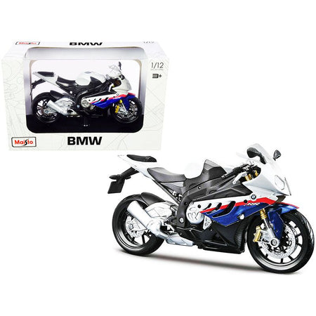 BMW S 1000 RR White with Blue and Red Stripes with Plastic Display Stand 1/12 Diecast Motorcycle Model by Maisto-Maisto-ModelCars.com