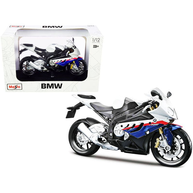 BMW S 1000 RR White with Blue and Red Stripes with Plastic Display Stand 1/12 Diecast Motorcycle Model by Maisto-Maisto-ModelCars.com
